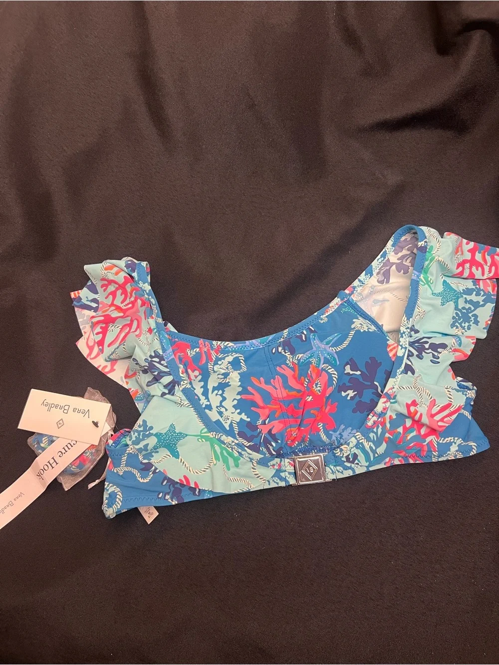 Vera Bradley NWT Women’s Blue Aqua Coral-Print Ruffle Bikini Top 8 10